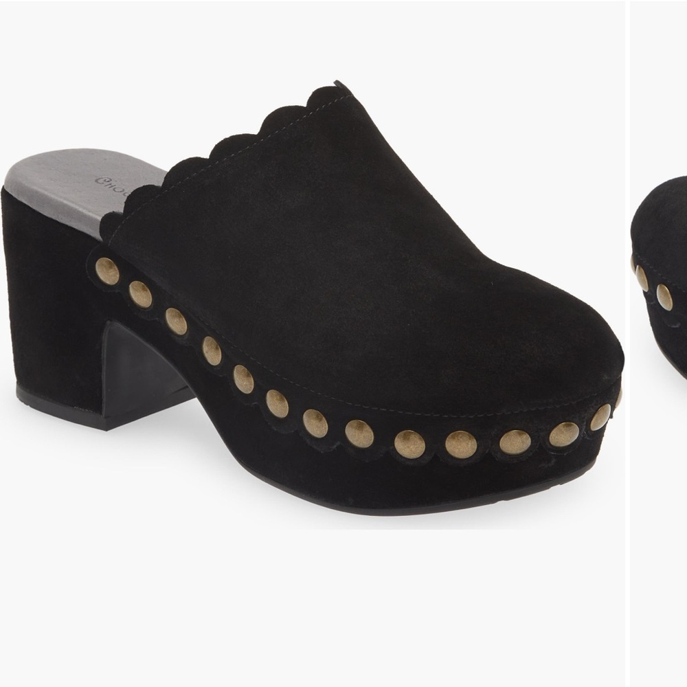 Chocolat Blu Black Suede Mules with Gold Accents